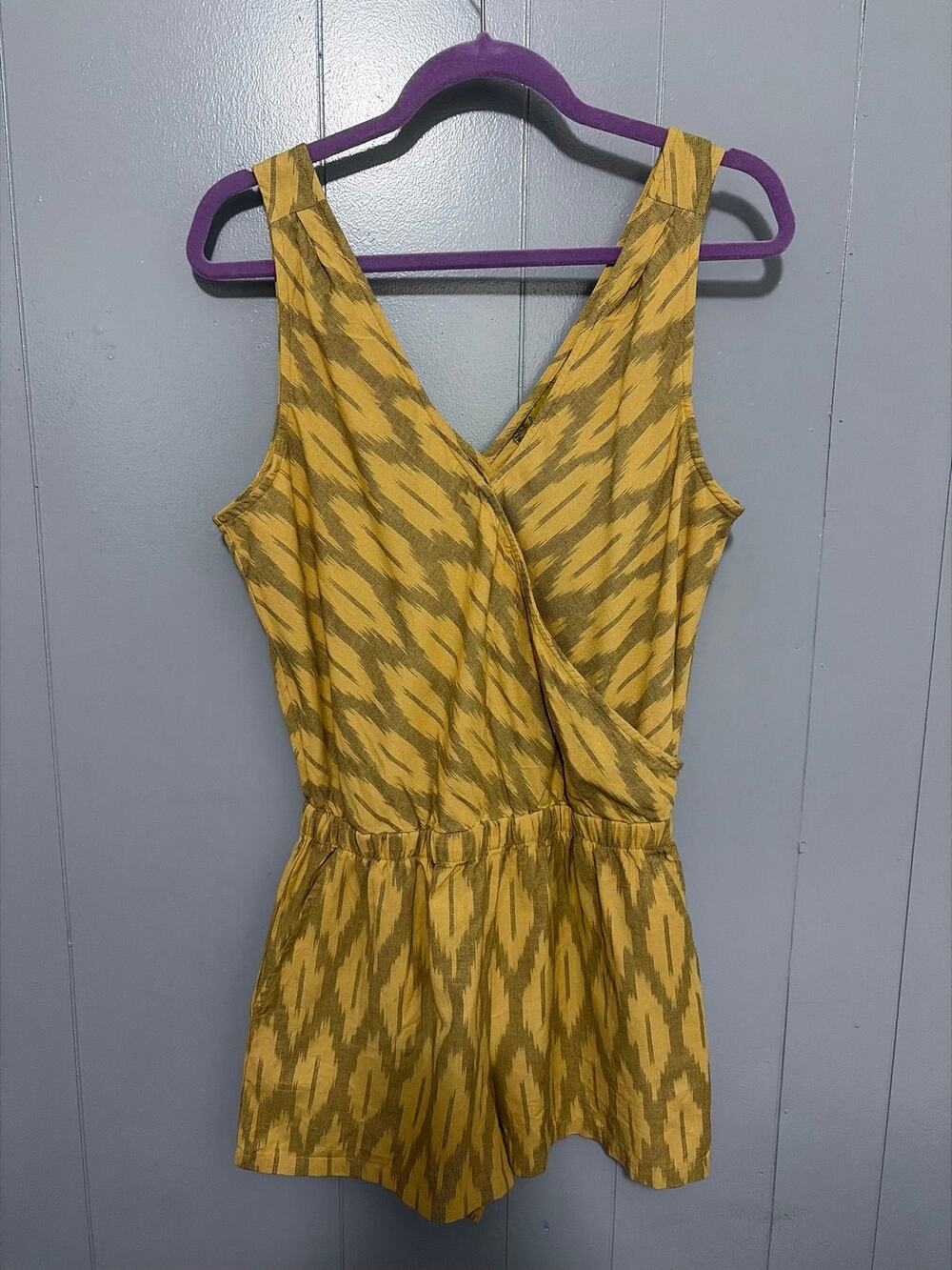 Prana Yellow Tribal Printed Organic Cotton Double V-neck Sleeveless Romper S